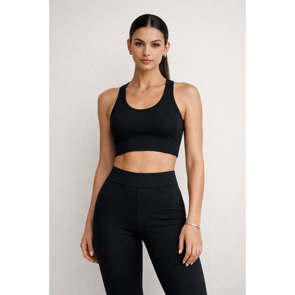 Athleta Aurora Crop Rib Tank XS Black V-Neck Built-In Bra Seamless Ribbed